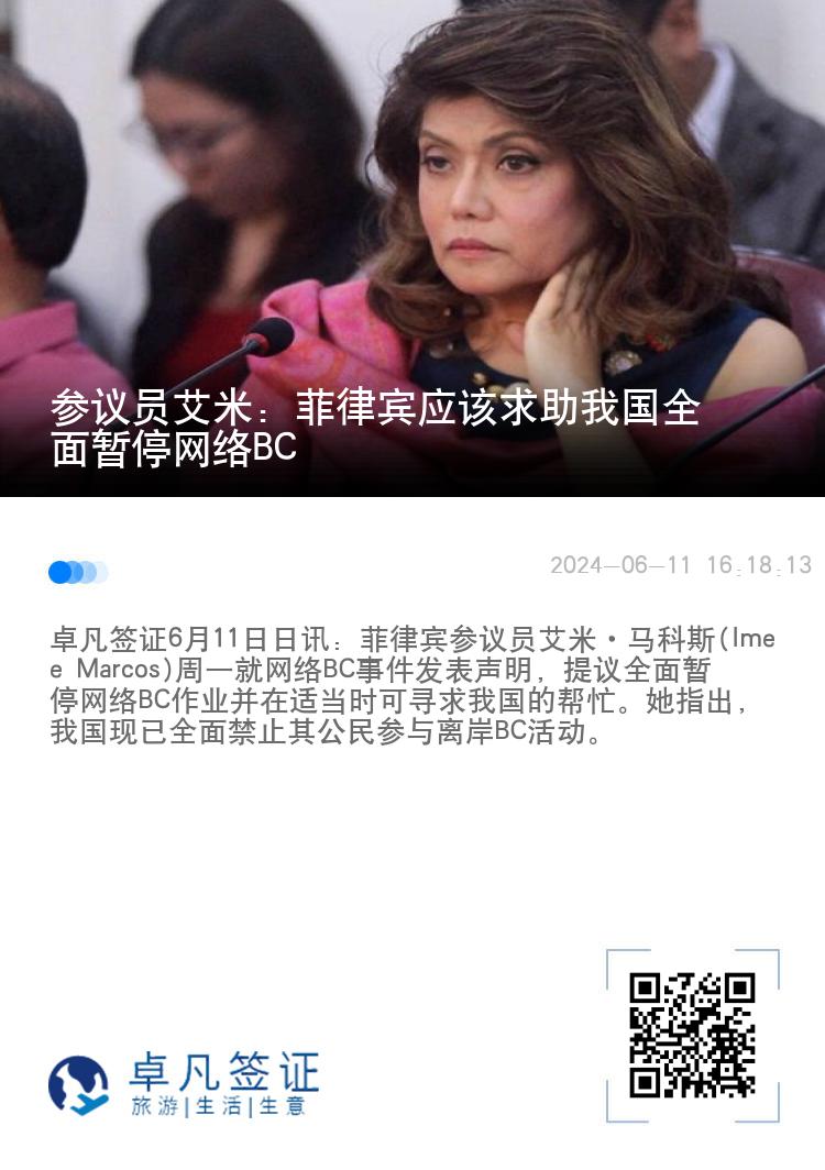 参议员艾米: 菲律宾应该求助我国全面暂停网络BC