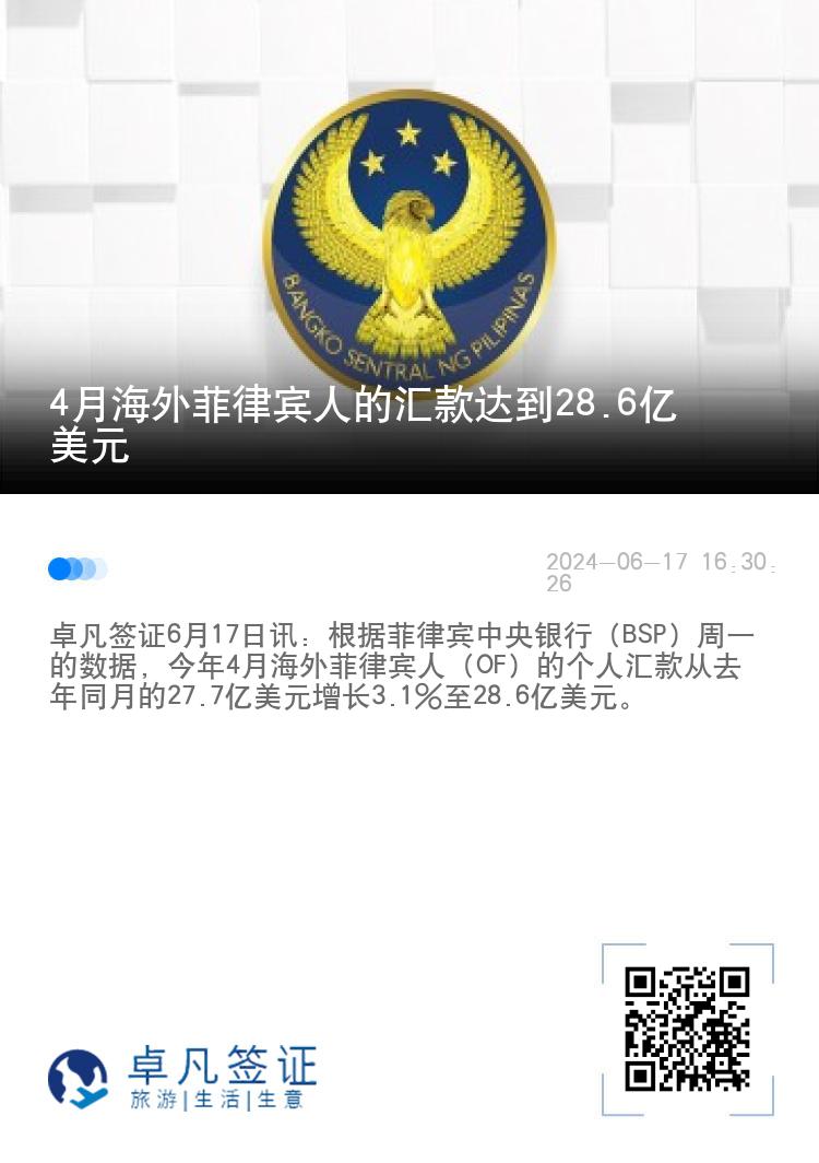 4月海外菲律宾人的汇款达到28.6亿美元
