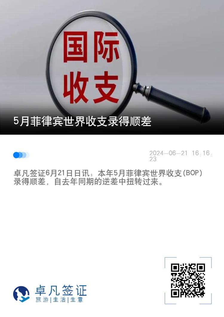 5月菲律宾世界收支录得顺差