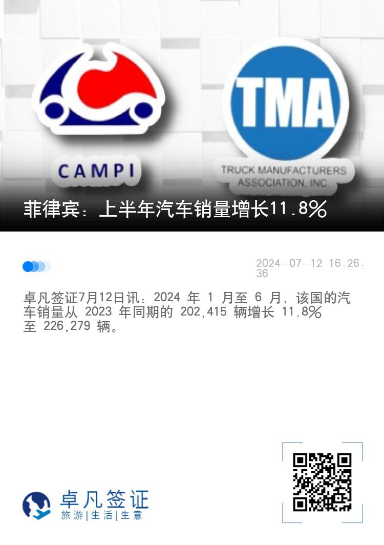 菲律宾：上半年汽车销量增长11.8%