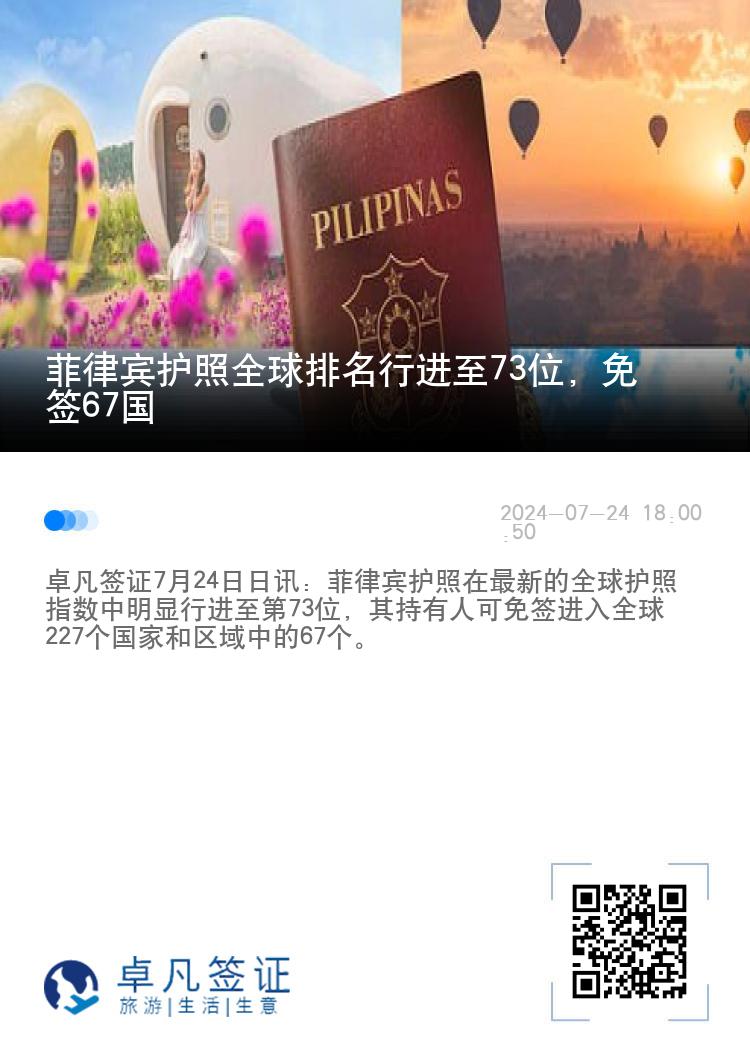 菲律宾护照全球排名行进至73位，免签67国
