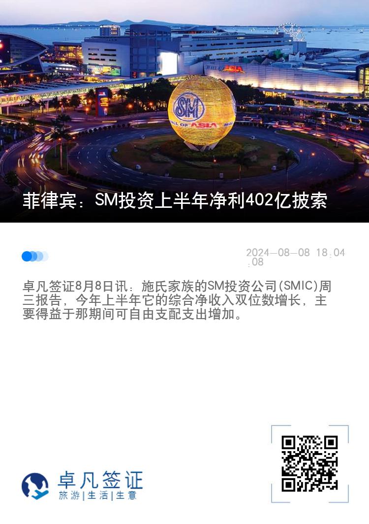 菲律宾：SM投资上半年净利402亿披索