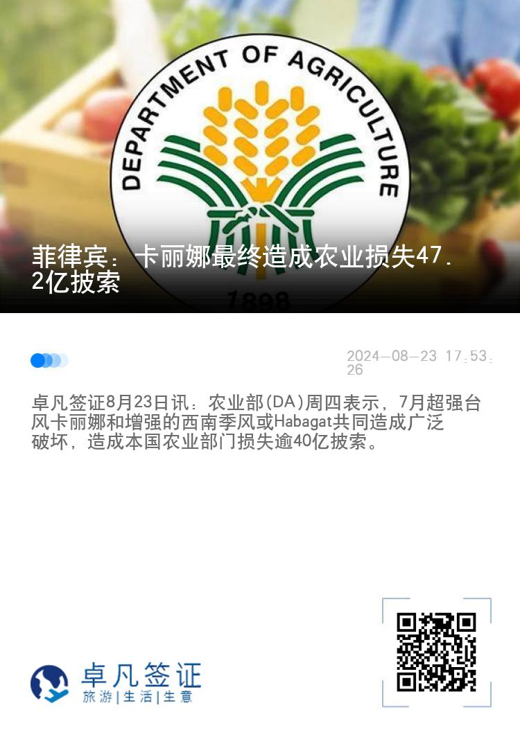 菲律宾：卡丽娜最终造成农业损失47.2亿披索