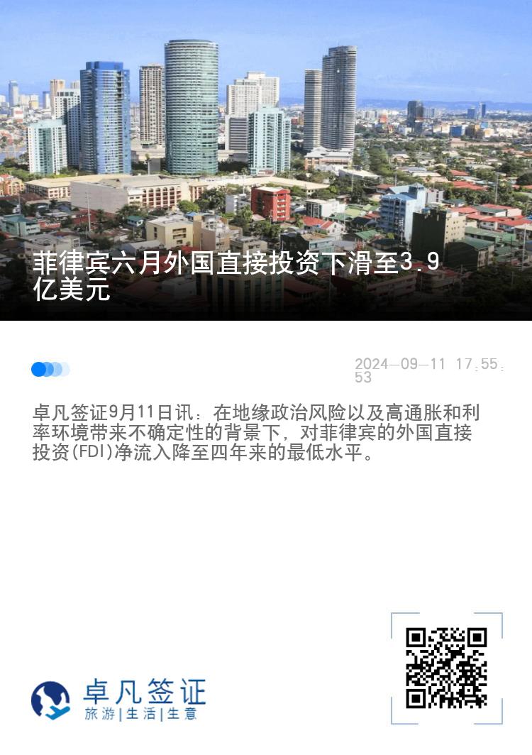 菲律宾六月外国直接投资下滑至3.9亿美元