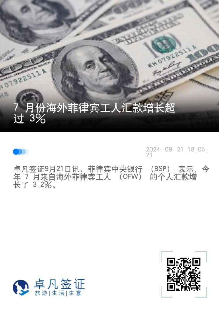 7 月份海外菲律宾工人汇款增长超过 3%