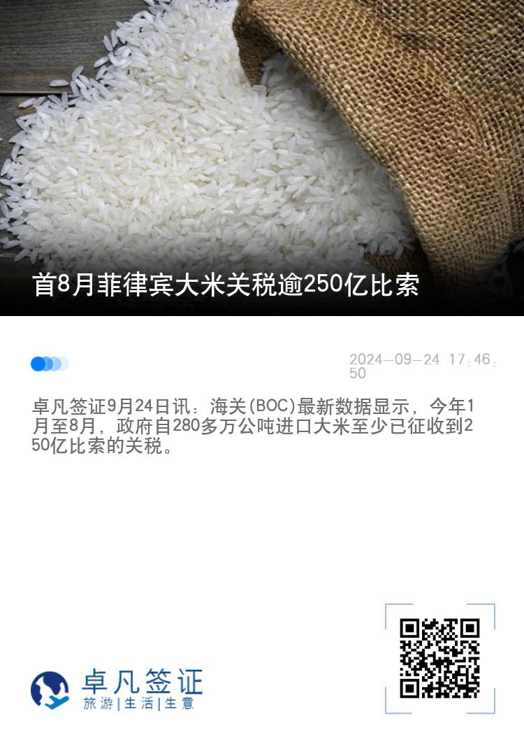 首8月菲律宾大米关税逾250亿比索