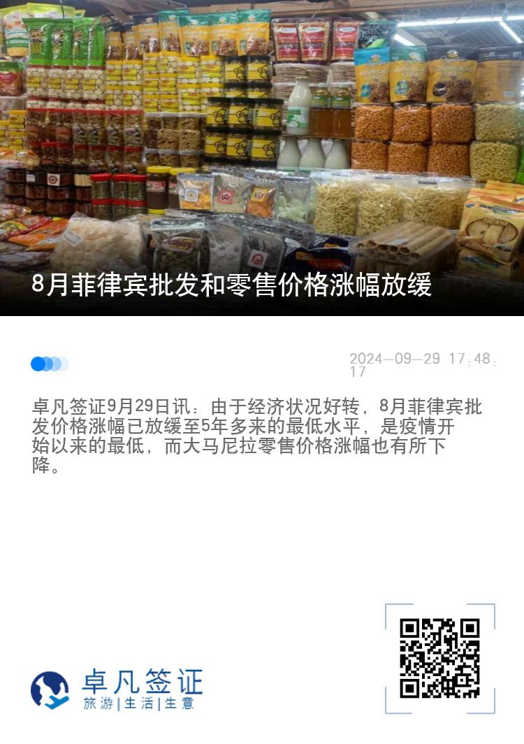 8月菲律宾批发和零售价格涨幅放缓