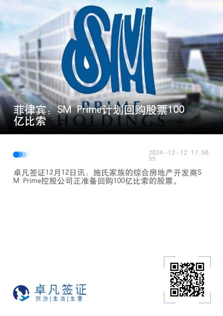 菲律宾：SM Prime计划回购股票100亿比索
