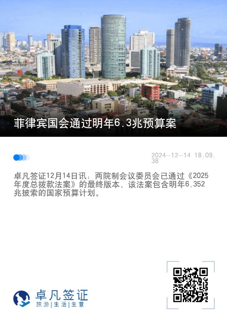 菲律宾国会通过明年6.3兆预算案