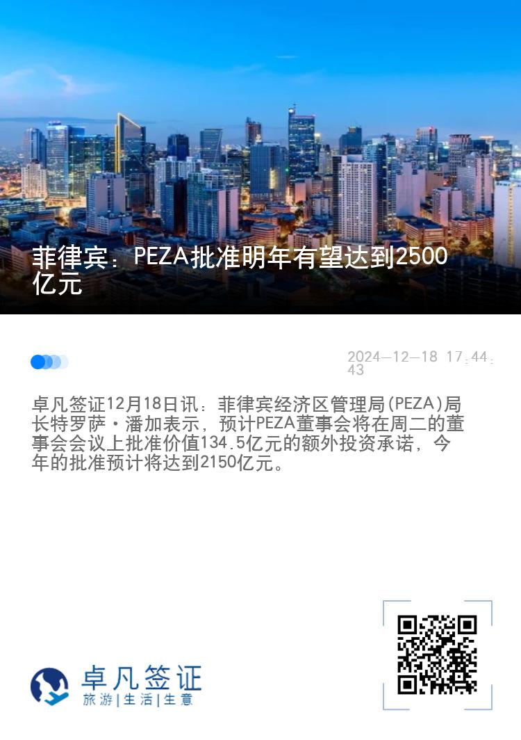 菲律宾：PEZA批准明年有望达到2500亿元