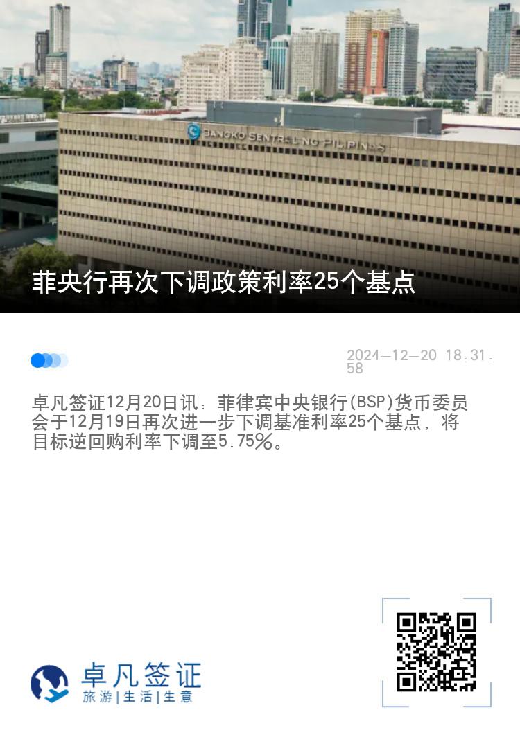 菲央行再次下调政策利率25个基点
