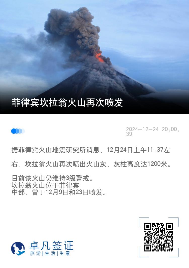 菲律宾坎拉翁火山再次喷发
