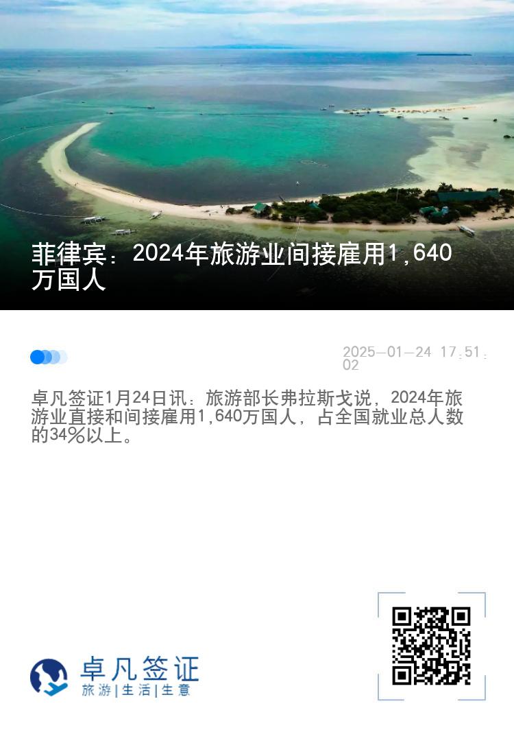 菲律宾：2024年旅游业间接雇用1,640万国人
