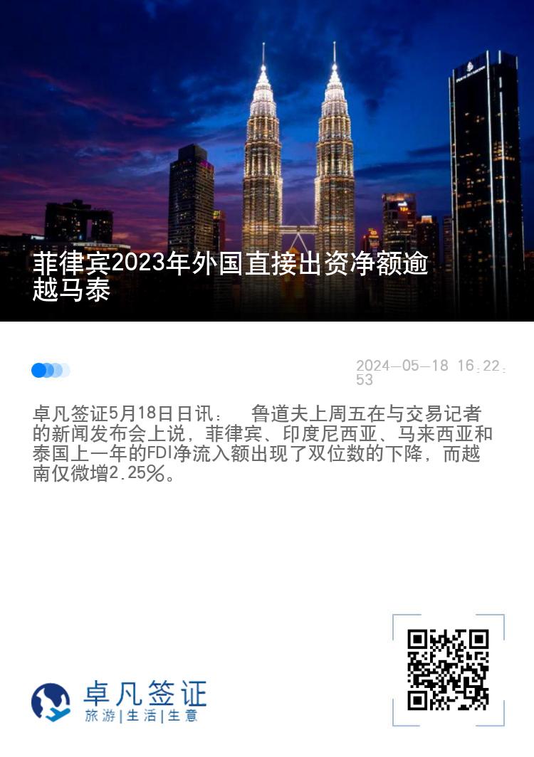 菲律宾2023年外国直接出资净额逾越马泰